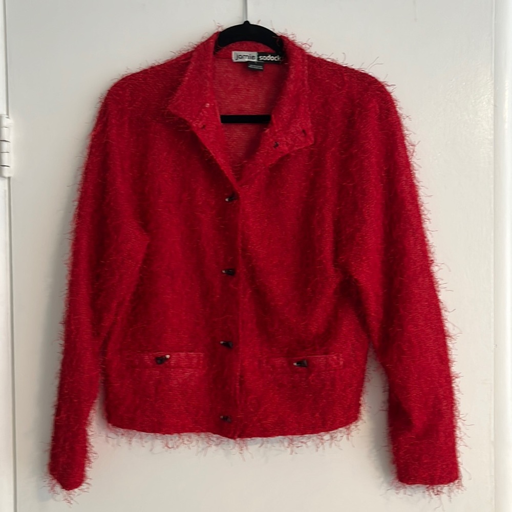 Jamie Sadock Women’s Large Red Fuzzy Eyelash Cardigan
